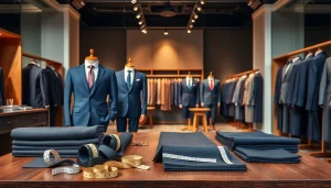 Showcase of tailor made bespoke suits emphasizing luxury craftsmanship and fine fabrics.