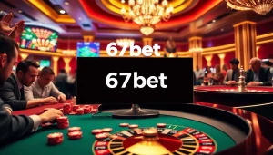 67bet casino scene with a vibrant poker table, exciting roulette wheel, and professional players engaged.