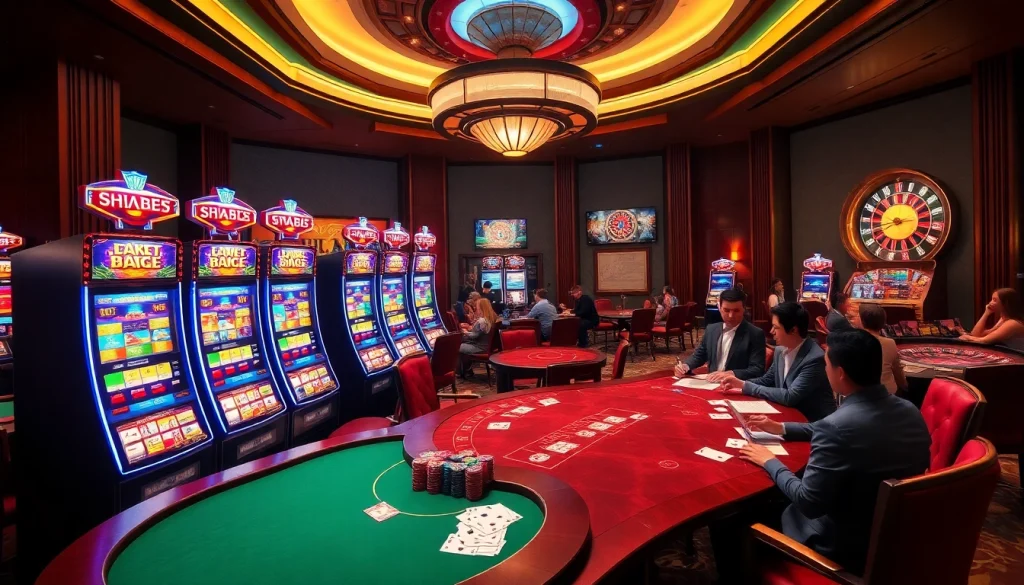 Players engaging in thrilling casino activities featuring MM88 slot machines and poker tables.