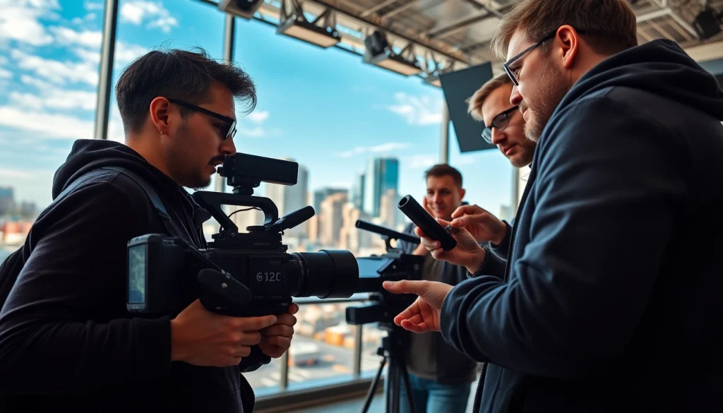 Videographer working with a team at a Video Production Company Calgary, showcasing a dynamic urban film set.