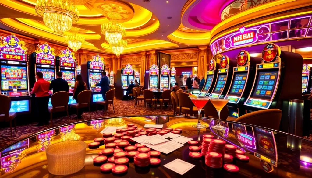 Nổ Hũ slot machine game action in an upscale casino setting with vibrant lights