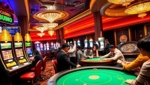An interactive casino scene showcasing the excitement of uu88 com with engaging poker tables, captivating slot machines, and vibrant roulette wheels.