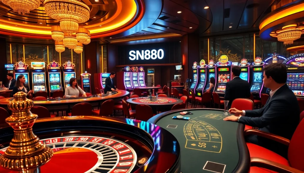 Engaging scene of a luxurious casino featuring SN888 branding with roulette, blackjack, and vibrant slot machines.