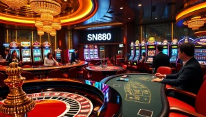 Engaging scene of a luxurious casino featuring SN888 branding with roulette, blackjack, and vibrant slot machines.