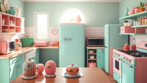 Showcase of retro appliances in a stylish kitchen featuring a classic refrigerator and colorful decor.