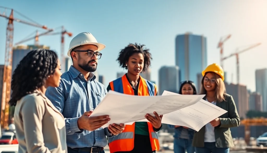 New Jersey Construction Manager guiding a team on a busy construction site with blueprints.