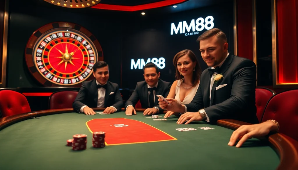 MM88 players engaging in a thrilling high-stakes poker match in a luxurious casino.