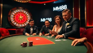 MM88 players engaging in a thrilling high-stakes poker match in a luxurious casino.