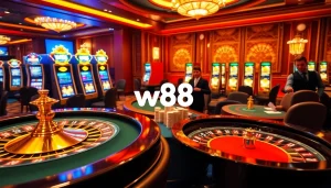 Engaging professional gameplay at w88 casino tables with vibrant slot machines and roulette wheel.