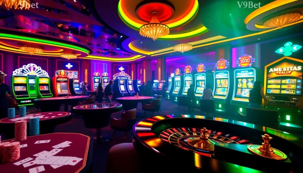 V9bet players engaging at vibrant casino tables, showcasing the excitement of online gambling.