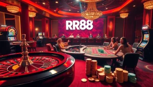 Exciting casino atmosphere featuring table games at https://rr88.pizza/ with vibrant roulette wheel and players.