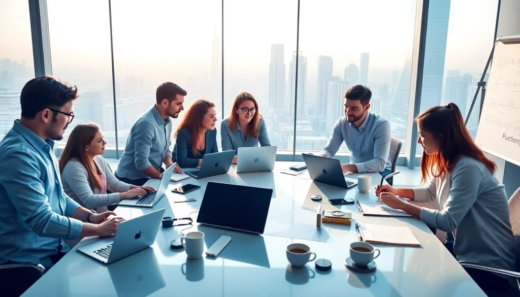 Team brainstorming on an ai startup project in a modern office with a skyline view.