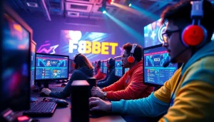 F8BET online betting scene with gamers engaging in esports wagering, showcasing vibrant interfaces.