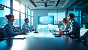 Team discussing competitive intelligence insights around a modern conference table.
