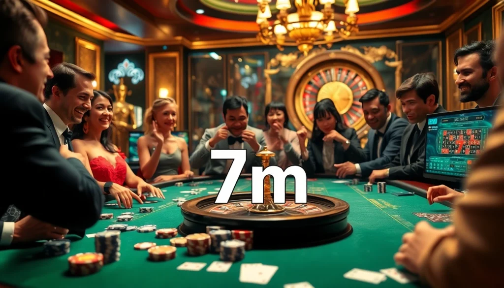 Gamblers at a high-stakes table experiencing the thrill of 7m action and winning strategies in a luxurious casino.