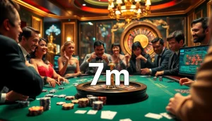 Gamblers at a high-stakes table experiencing the thrill of 7m action and winning strategies in a luxurious casino.