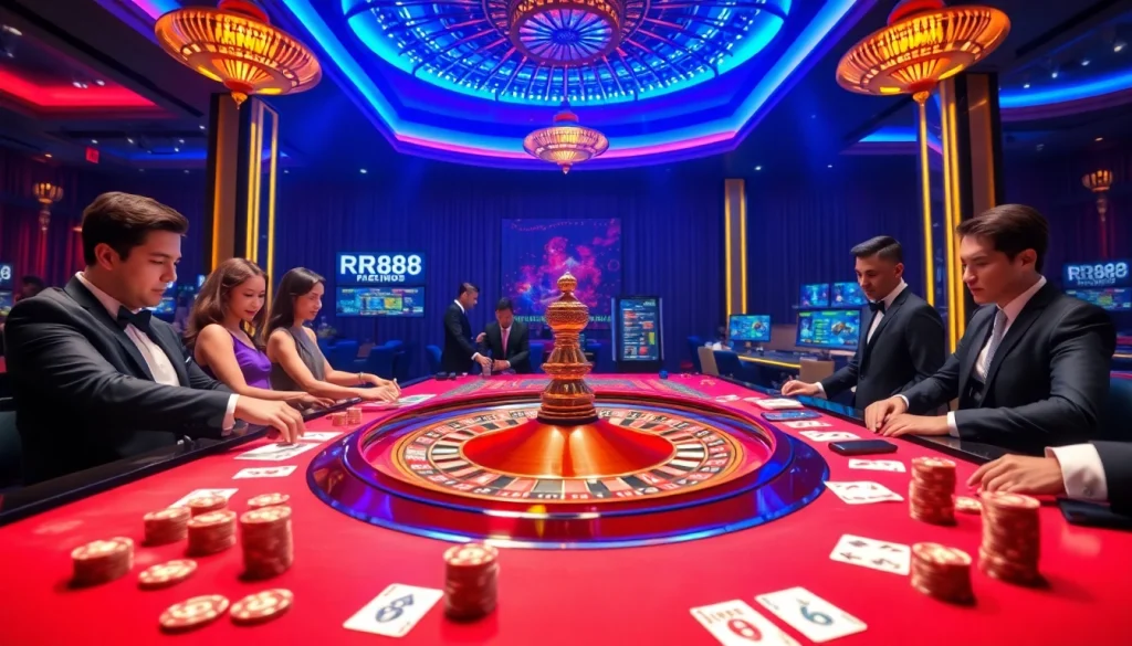 RR88 casino environment showcasing vibrant roulette action and excited players in an upscale setting.