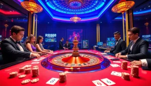RR88 casino environment showcasing vibrant roulette action and excited players in an upscale setting.