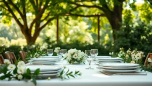Elegant display of compostable wedding plates on a beautifully decorated table outdoors.