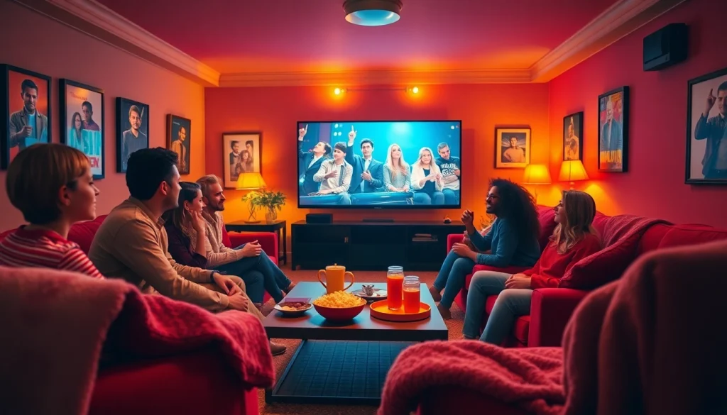 Friends enjoying filme online in a cozy home theater setting with snacks and warm lighting.