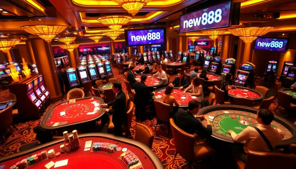 Experience the vibrant thrill of gambling at new888 casino with poker chips and roulette wheels.