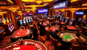 Experience the vibrant thrill of gambling at new888 casino with poker chips and roulette wheels.
