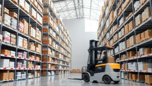Find a well-organized warehouse near me with diverse storage solutions and a forklift in action.