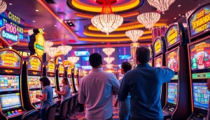 Seorang pemain menikmati slot Dewanaga89 dengan lampu-lampu cerah dan jackpot berwarna-warni di kasino modern.