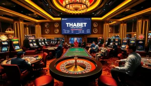 THABET casino scene featuring players engaged in roulette and slot machines.