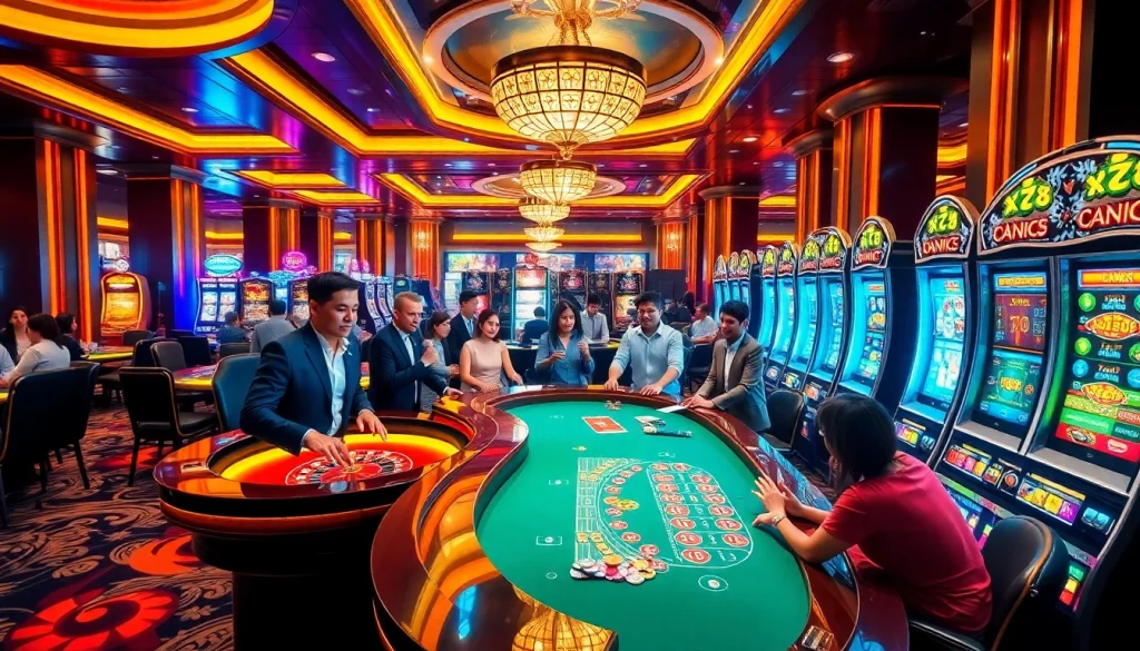 Players enjoying a thrilling moment at XN88's exciting casino gaming scene with poker and slots.