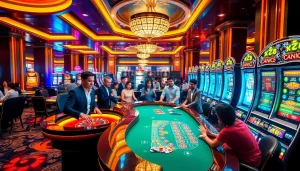Players enjoying a thrilling moment at XN88's exciting casino gaming scene with poker and slots.