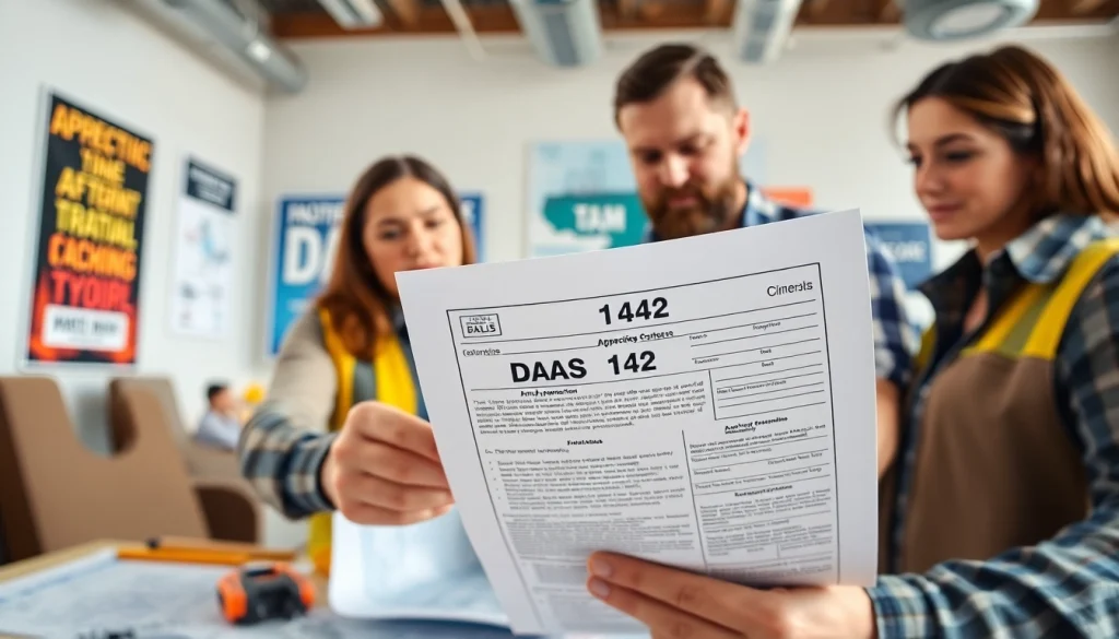 Contractor discussing the DAS 142 form in a modern office setting.