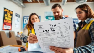 Contractor discussing the DAS 142 form in a modern office setting.