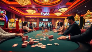 Players enjoying high-stakes poker at Fly88's luxurious casino, immersed in excitement.