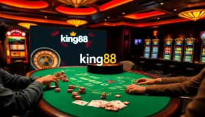 Experience thrilling poker action at king88 casino with colorful chips and excited players.