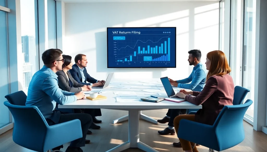 Team discussing VAT Return Filing in a modern office setting with charts and laptops.