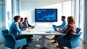 Team discussing VAT Return Filing in a modern office setting with charts and laptops.