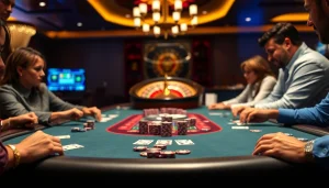 Vua99 gaming table showcasing intense poker action and a luxurious casino atmosphere.