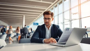 Filling out the esta application at a busy airport terminal, showcasing efficiency and preparation.