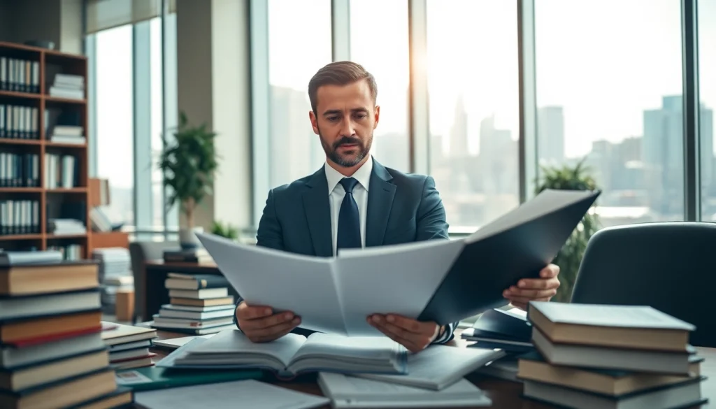Eminent domain lawyer analyzing case documents in a bright, modern office.