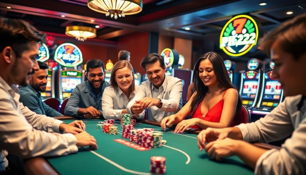 Gambling excitement at PH22 casino with lively poker table action and colorful slot machines.