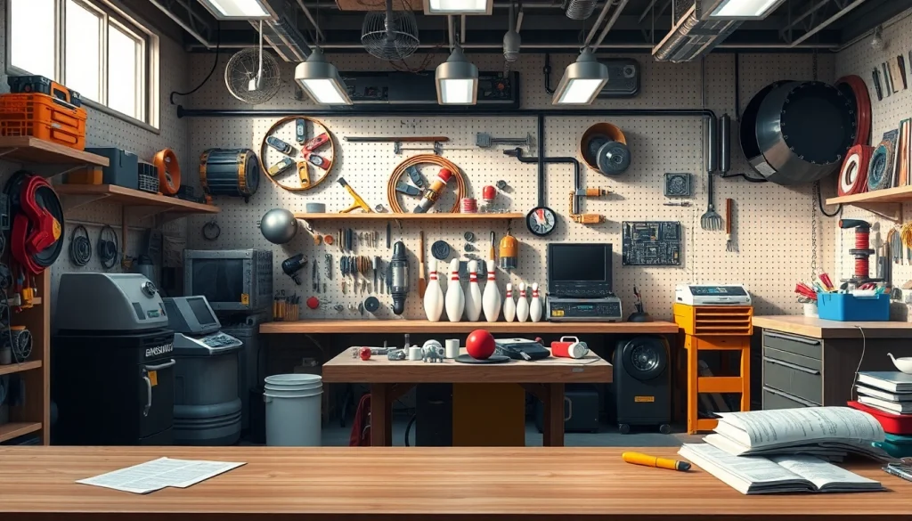 Bowling parts for Brunswick in a professional workshop with electronic components and durable machine parts.