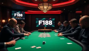 Experience stunning gameplay at F168 with a vibrant casino atmosphere featuring poker chips and cards.