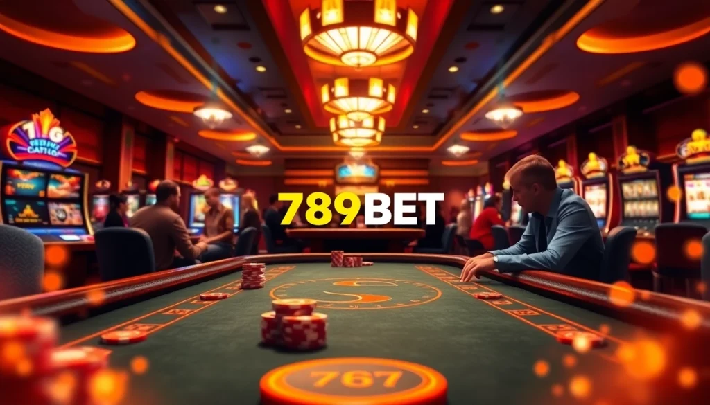 Vibrant casino scene featuring the excitement of 789BET with poker table, glowing slot machines, and players.