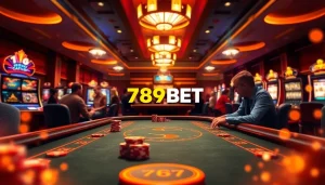 Vibrant casino scene featuring the excitement of 789BET with poker table, glowing slot machines, and players.