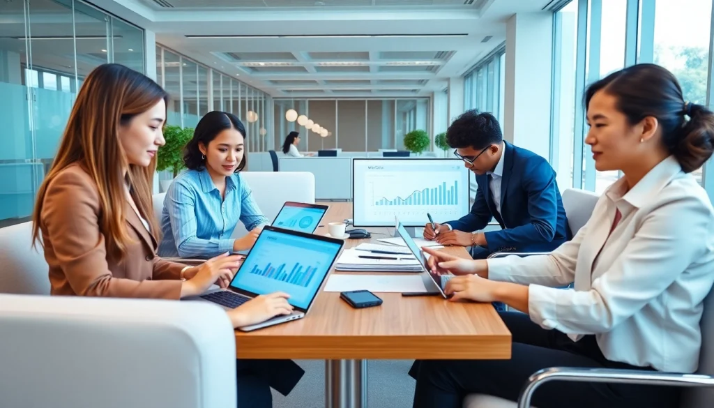 Collaborative professionals using WPS下载 software in a modern office setting, highlighting productivity and innovation.