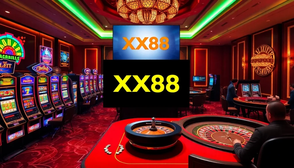 Action-packed scene of gamblers enjoying games at XX88 casino, featuring baccarat, slots, and roulette.