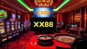 Action-packed scene of gamblers enjoying games at XX88 casino, featuring baccarat, slots, and roulette.