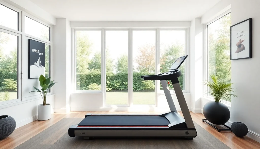 Home treadmill manufacturer showcasing a modern home gym with natural lighting.