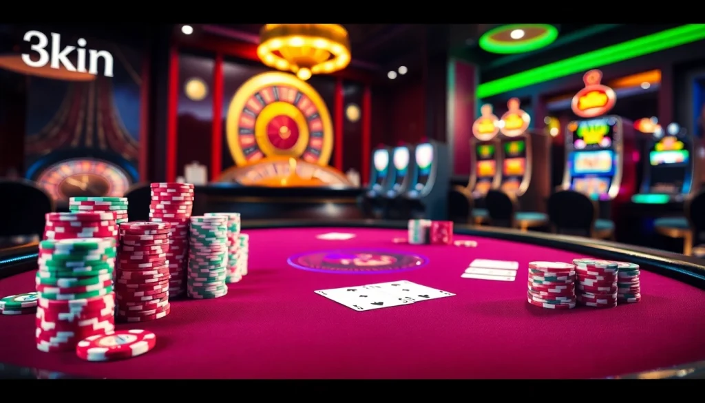 Experience high-stakes poker at 3king's online casino with vibrant lighting and luxurious decor.